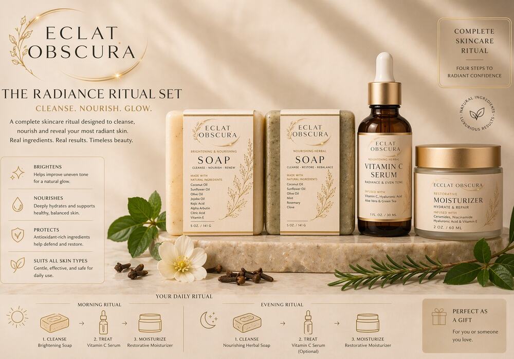 ECLAT OBSCURA Radiance Ritual Set, 2 Soaps, Moisturizer, Vitamin C Serum